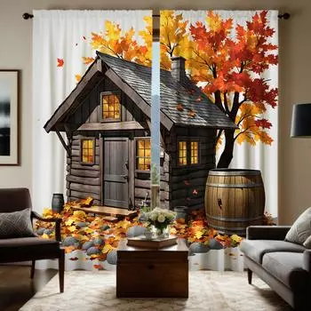 2pcs HD autumn wooden house under maple tree decorative curtain Yellow tie digital printed curtain Home decoration style deco W52H63inchW132H160cm