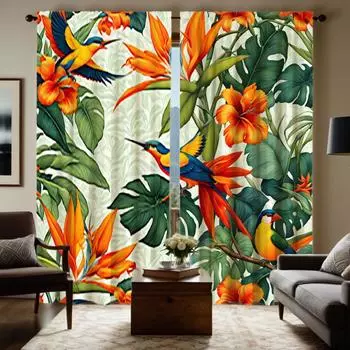 2pcs HD Bird of Paradise Calla Lily curtain Green yellow digital printed curtain home decoration style decoration living room W52H63inchW132H160cm