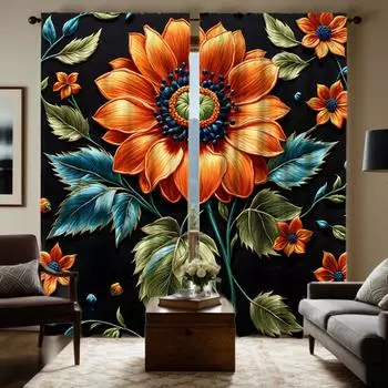 2pcs HD black gorgeous sunflower curtain Black digital printed curtain Home Decoration style Decorate living room bedroom wea W52H63inchW132H160cm