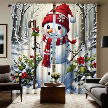 2pcs HD Christmas Snowman with crutches Landscape decoration curtain White tie digital printed curtain Home Decoration style W52H63inchW132H160cm