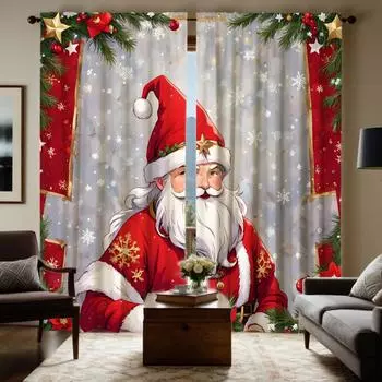 2pcs HD Christmas wearing red old man curtains Red tie digital printed curtains Home decoration style Decorate living room be W52H63inchW132H160cm