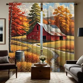 2pcs HD Country landscape cottage curtains Yellow tie digital printed curtains Home decoration style Decoration living room b W52H63inchW132H160cm