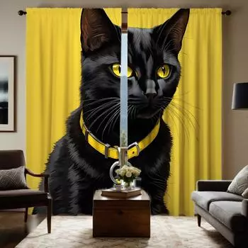 2pcs HD cute black cat curtain Yellow tie digital printed curtain Home Decoration style Decorate living room bedroom Wear rod W52H63inchW132H160cm