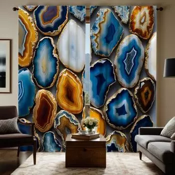 2pcs HD decorative curtain Nordic light luxury agate texture pattern Blue digital printed curtain Home decoration style decor W52H63inchW132H160cm