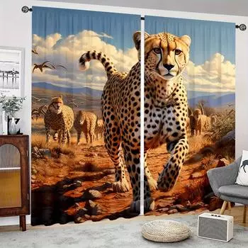 2pcs HD Digital Tiger Lion Leopard Rose Printed Curtains Home Decor Living Room Bedroom Rod Pocket Curtains Scandinavian Cool 100W130H(CM)40x51in&Grommet Top