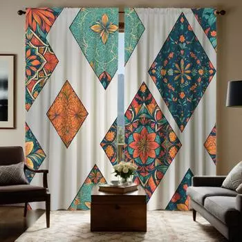 2pcs HD ethnic style retro pattern geometric decorative curtain Color system digital printed curtain home decoration style de W52H63inchW132H160cm