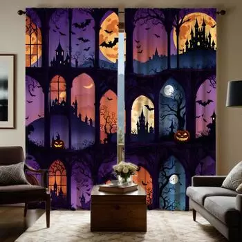 2pcs HD Halloween Night jack-o -lantern Castle Decoration curtains Purple tie digital printed curtains Home Decoration style W52H63inchW132H160cm