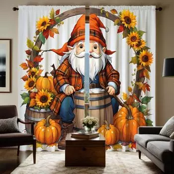 2pcs HD Halloween Pumpkin Old man Sunflower curtain Yellow tie digital printed curtain Home Decoration style Decorate living W52H63inchW132H160cm