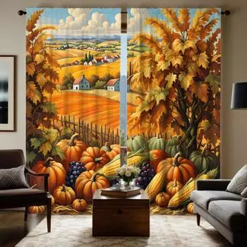 2pcs HD Harvest Festival Idyllic Country Town Maple Leaf pumpkin fruit curtain Green Tie digital printed curtain Home Decorat W52H63inchW132H160cm