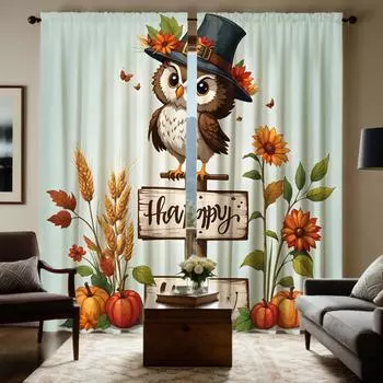 2pcs HD Hello happy Chicken Harvest Festival Wheat pumpkin curtain Cyan digital printed curtain home decoration style decorat W52H63inchW132H160cm