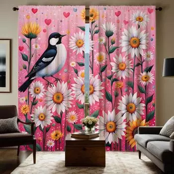 2pcs HD Magpie daisies decorative curtain Pink tie digital printed curtain Home Decor style Decorative living room bedroom Ro W52H63inchW132H160cm