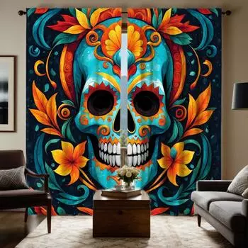 2pcs HD Mexican Day of the Dead Sugar Skull curtain Blue Tie digital printed curtain Home Decor style Decorate living room be W52H63inchW132H160cm