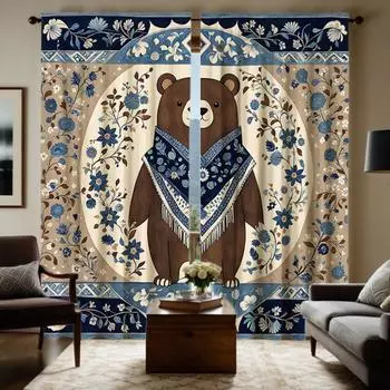 2pcs HD national wind floral bear decorative curtain Blue digital printed curtain home decoration style decoration living roo W52H63inchW132H160cm