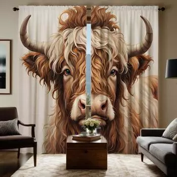 2pcs HD prairie yak decorative curtain Yellow tie digital printed curtain Home decoration style Decoration living room bedroo W52H63inchW132H160cm