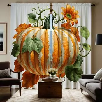 2pcs HD pumpkin vine decorative curtain Yellow tie digital printed curtain Home Decoration style Decoration living room bedro W52H63inchW132H160cm