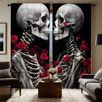 2pcs HD Skull Rose Couple curtain Black tie digital printed curtain Home Decor style Decorate living room Bedroom Wear rod cu W52H63inchW132H160cm