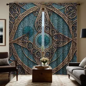 2pcs HD Southeast Asian ethnic background carved decorative curtain Blue digital printed curtain Home decoration style decora W52H63inchW132H160cm