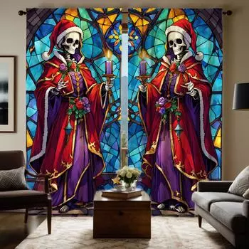 2pcs HD stained glass Christmas Skull Art Deco curtain Blue Tie digital printed curtain Home Decor style Decorate living room W52H63inchW132H160cm