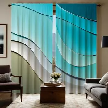 2pcs HD stereo wave beach decorative curtain Blue digital printed curtain Home decoration style decoration living room bedroo W52H63inchW132H160cm