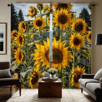 2pcs HD Sunflower Garden curtain Yellow tie digital printed curtain Home decoration style Decoration living room bedroom thro W52H63inchW132H160cm