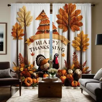 2pcs HD Thanksgiving Day maple tree Rooster pumpkin decorative curtain Yellow tie digital printed curtain Home decor style de W52H63inchW132H160cm