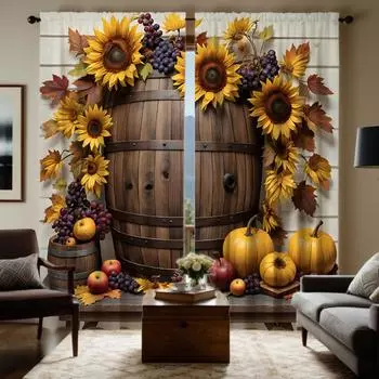 2pcs HD Thanksgiving pumpkin barrel Sunflower decorative curtain Yellow tie digital printed curtain Home Decoration style Dec W52H63inchW132H160cm