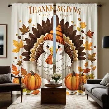 2pcs HD Thanksgiving pumpkin Turkey curtain Green white tie digital printed curtain Home Decor style Decorate living room bed W52H63inchW132H160cm
