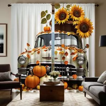 2pcs HD Thanksgiving Sunflower Float bus pumpkin decorative curtain Yellow tie digital printed curtain Home decoration style W52H63inchW132H160cm