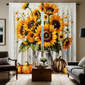 2pcs HD Thanksgiving vase Sunflower pumpkin curtain Yellow tie digital printed curtain Home Decor style Decorate living room W52H63inchW132H160cm