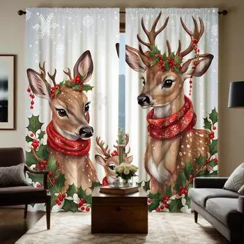 2pcs HD Three Christmas elk decorative curtains with red fruit Yellow tie digital printed curtains Home Decoration style Deco W52H63inchW132H160cm