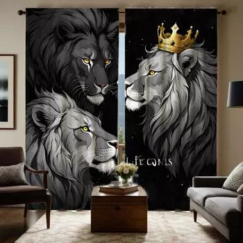 2pcs HD Three Lion decorative curtain Black tie digital printed curtain Home Decoration style Decoration living room bedroom W52H63inchW132H160cm