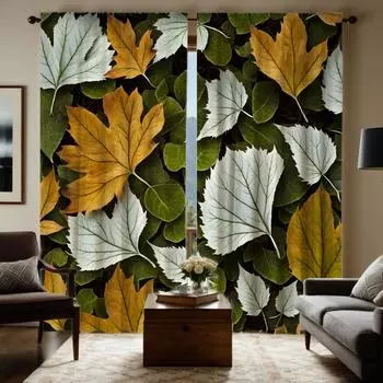 2pcs HD yellow-green maple leaf curtains everywhere Green tie digital printed curtains Home decoration style Decorate living W52H63inchW132H160cm