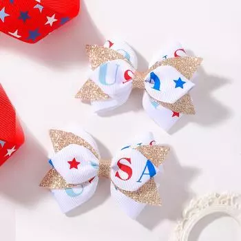 2pcs Independence Day Kids Bows Hair Clips Set for Women Girls Print Star Glitter Bowknot Hairpin Headwear Hair Accessories
