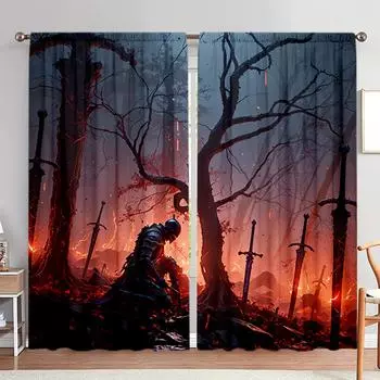 2pcs Knight Under the Tree Printed Curtain for Home Decor - Rod Pocket Window Treatment for Bedroom, Office, Kitchen 52.5cmX116cm X 2pcs