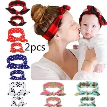2pcs / комплект (Мама+Ребенок) Повязки на голову с кроличьими ушками, бантами, хлопковые аксессуары для волос, бант-галстук, эластичный обруч для женщин, малышей, детей, повязка на голову 1