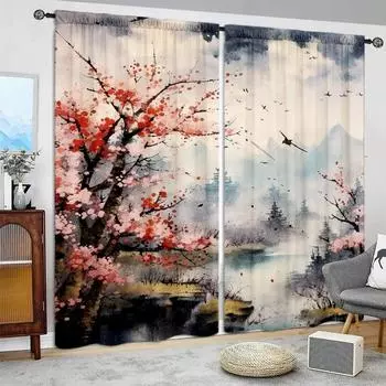 2pcs Landscape Painting Printed Curtain for Home Decor - Rod Pocket Window Treatment for Bedroom, Office, Kitchen, Living Room 52.5cmX116cmX2pcs