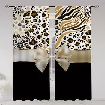 2pcs Leopard Bow Printed Translucent Curtains Polyester Rod Pocket Curtain For Living Room Gaming Room Bedroom Home Decor Party (50Wx50H)x2(CM)&Rod Pocket