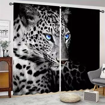 2pcs Leopard Print Curtains Tiger Lion Printed Curtains Rod Pockets Easy Installation Curtains For Kitchen Living Room Bedroom (50Wx50H)x2(CM)&Rod Pocket