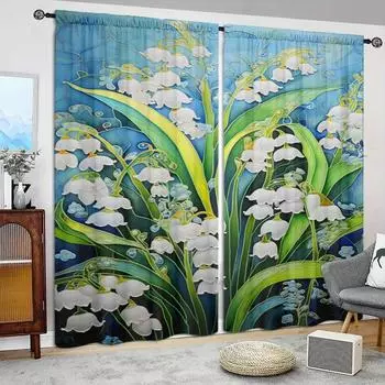 2pcs Lily of The Valley Printed Curtain for Home Decor - Rod Pocket Window Treatment for Bedroom, Office, Kitchen, Living Room 52.5cmX116cmX2pcs