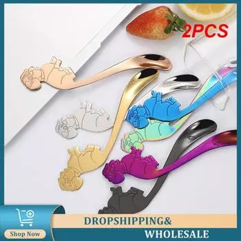 2PCS Long Handle Tableware Mirror Polishing Food-grade Stainless Steel Seven Colors Available Cute Dog Shape Teaspoon Tableware