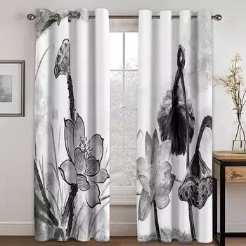 2pcs Lotus Printing Curtain, Rod Pocket Window Treatment For Bedroom Office Kitchen Living Room Study Home Decor, Room Decor Small2x25W60H(CM)&Hook