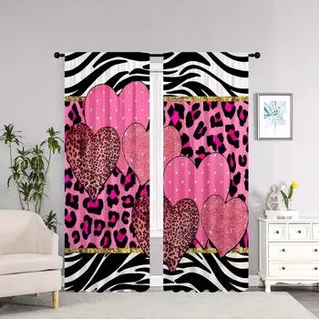 2pcs Love Heart Leopard Zebra Print Series High-definition Digital Printed Curtain Home Decor Living Room Bedroom Rod Pocket 100W130H(CM)40x51in&Grommet Top