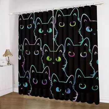 2pcs Medieval Abstract Cat Kitchen Curtains Tiers Funny Cute Animal Bohemian Leaves Modern Minimalist Art Office Cafe LivingRoom 2x60Wx50H(CM)&Rod Pocket