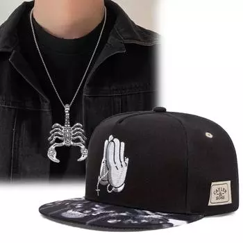 Мужская бейсболка из 2 предметов, вышитая кепка с плоскими полями, кепка в стиле хип-хоп, кепка с утиным язычком, комплект с подвеской в виде креста, ожерелье для пары, спортивная шляпа от солнца чёрный