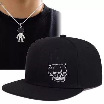 Комплект из 2 предметов: бейсболка, ожерелье, модная повседневная регулируемая уличная шляпа в стиле хип-хоп с плоскими полями, маленькая шляпа с подвеской в виде космонавта, шляпа от солнца чёрный