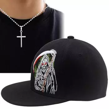 Комплект из 2 предметов: бейсболка, ожерелье, модная вышивка, плоские поля, хип-хоп шляпа, крест, премиум-чувство, ожерелье, кулон, ожерелье, спортивная шляпа для активного отдыха чёрный