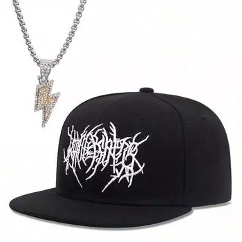 2pcs Men s Baseball Cap Necklace Set Embroidery Sunshade Flat Brim Hip-hop Hat Small Lightning Pendant Necklace Outdoor Sports Duck Tongue Cap чёрный