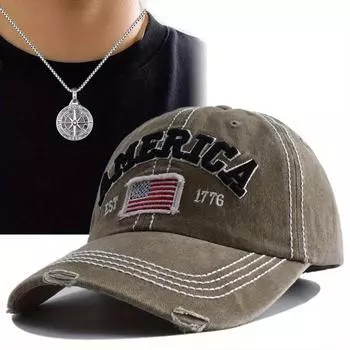 Комплект из 2 мужских бейсболок, ожерелий, сломанная мягкая кепка с язычком утки, шляпа от солнца с американским флагом, ретро-дисковый компас, ожерелье с подвеской, парная шляпа от солнца чёрный