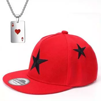 2pcs Men s Baseball Cap Necklace Set Fashion Embroidery Sunshade Flat Brim Hip Hop Cap Ace of Hearts Playing Card Pendant Necklace Sports Casual Cap чёрный