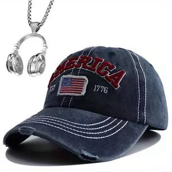 2pcs Men s Baseball Cap Necklace Set Duckweed American Flag Hat Hip-hop Necklace Pendant Net Red Baseball Cap Fashionable Hundred Matching Sun Hat чёрный